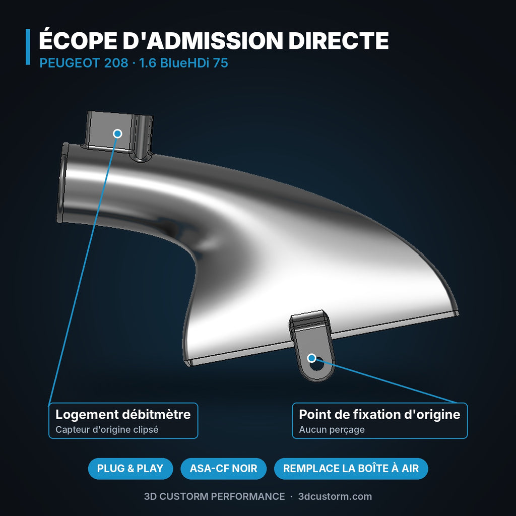 Écope d'admission Peugeot 208 BlueHDi 75 en ASA-CF, vue 2 – 3D Custorm