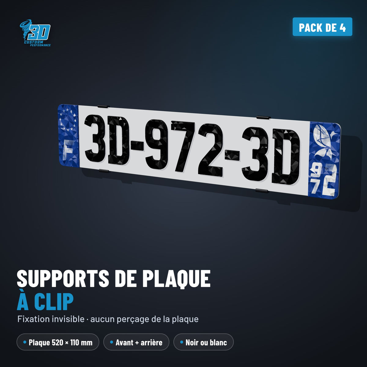 Plaque 4D montée sur supports de plaque à clip, fixation invisible
