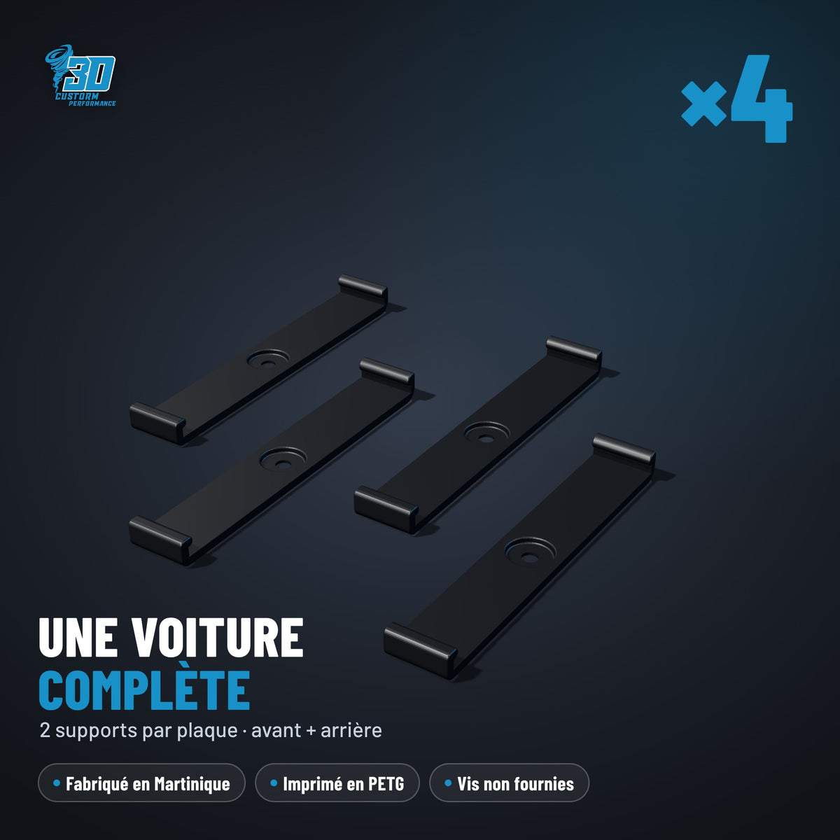 Pack de 4 supports de plaque d'immatriculation à clip en PETG noir