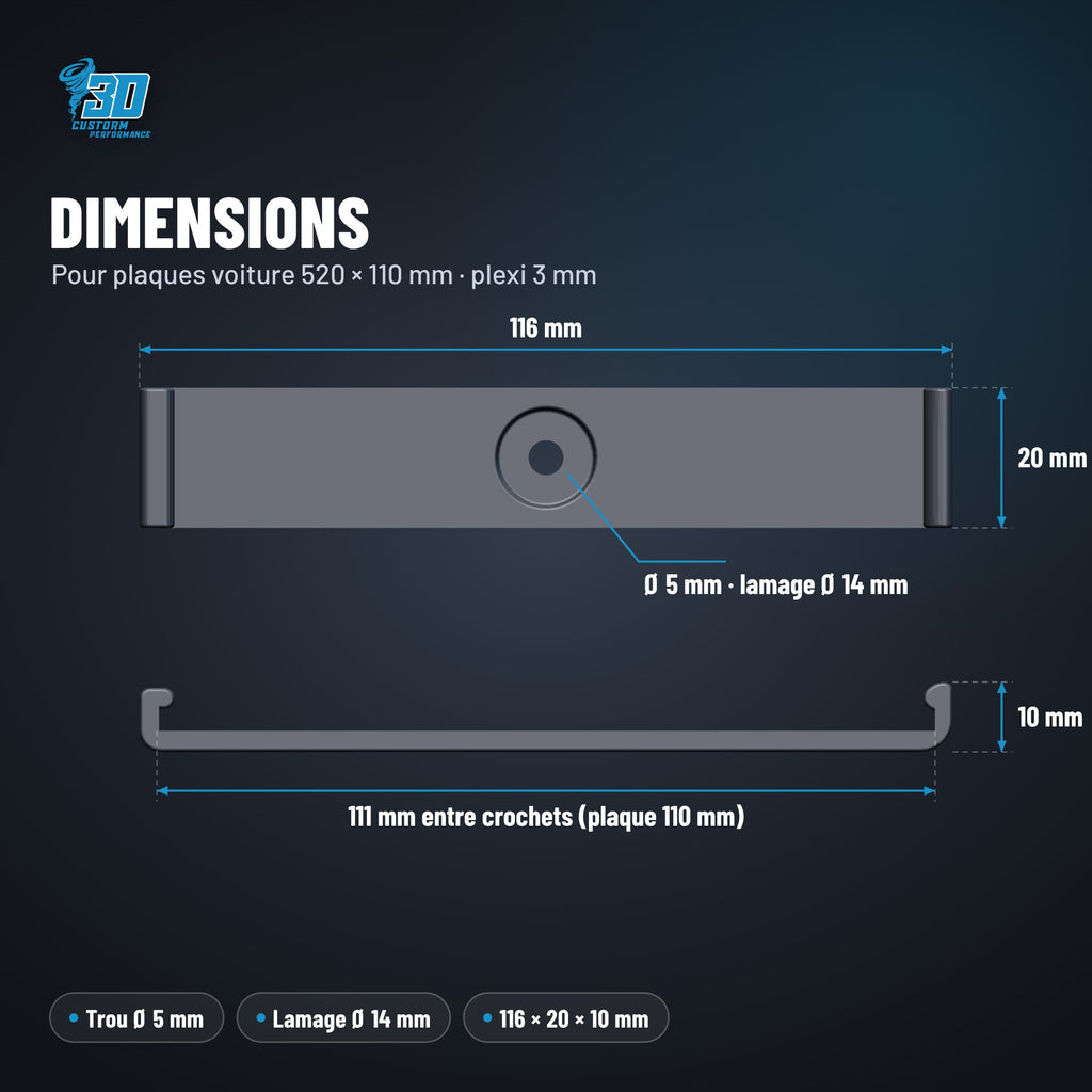 Dimensions du support de plaque à clip : 116 × 20 × 10 mm, trou Ø 5 mm