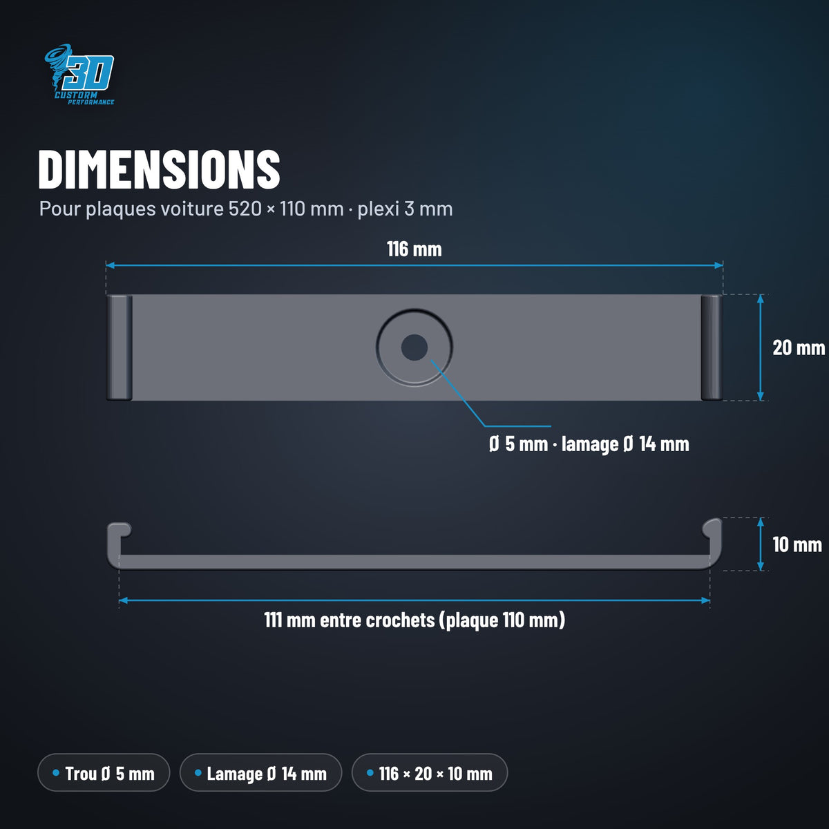 Dimensions du support de plaque à clip : 116 × 20 × 10 mm, trou Ø 5 mm