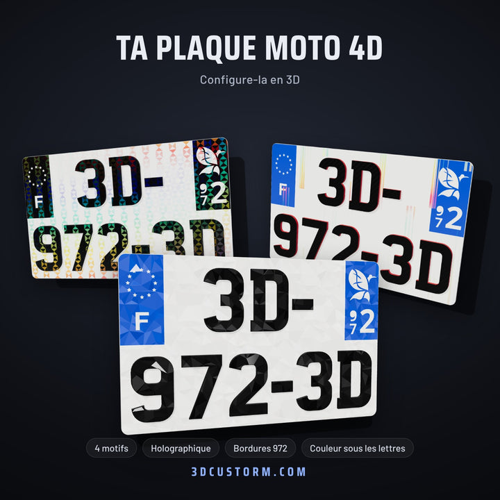 Plaque moto 4D sur mesure configurée en 3D – 3 exemples de motifs (géométrique, holo prisme, holo rayons) – 3D Custorm Martinique