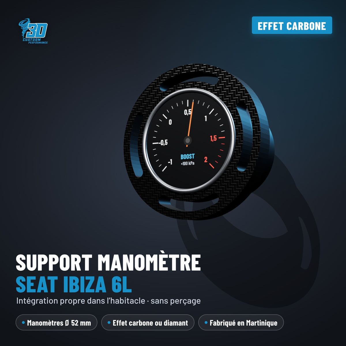 Support manomètre 52 mm Seat Ibiza 6L imprimé en 3D, effet carbone, avec manomètre