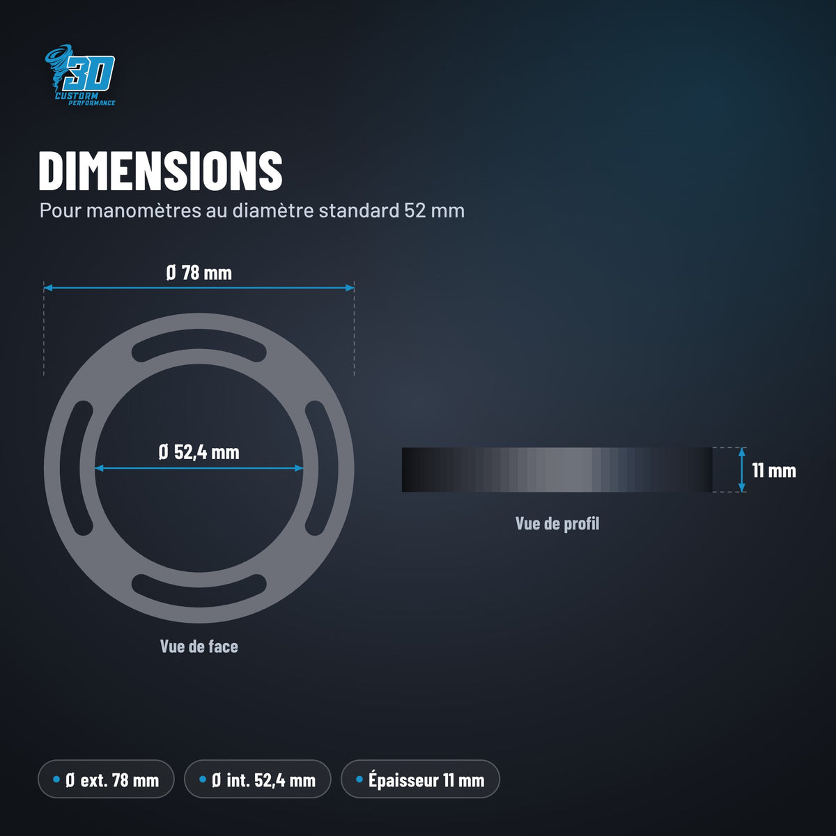 Dimensions du support manomètre Seat Ibiza 6L : Ø 78 mm, logement Ø 52,4 mm, épaisseur 11 mm