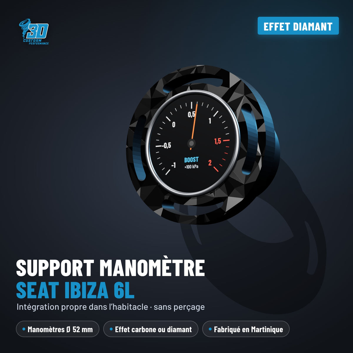Support manomètre 52 mm Seat Ibiza 6L imprimé en 3D, effet diamant, avec manomètre